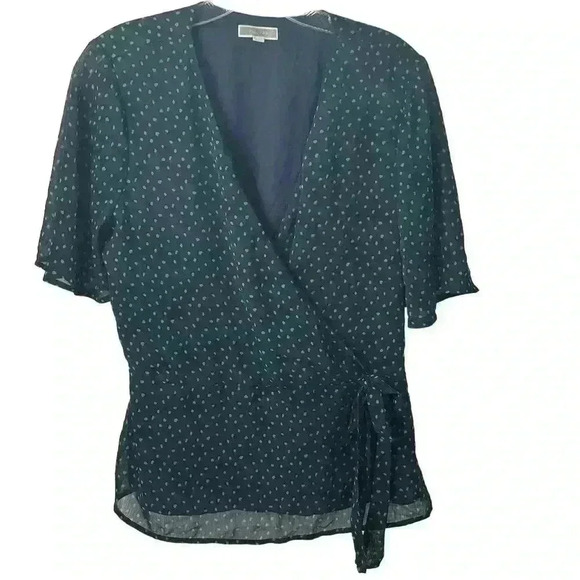 Pleoine Women's Polka Dot Faux Wrap Tie Blouse Navy with dots Green Size M - Picture 1 of 14